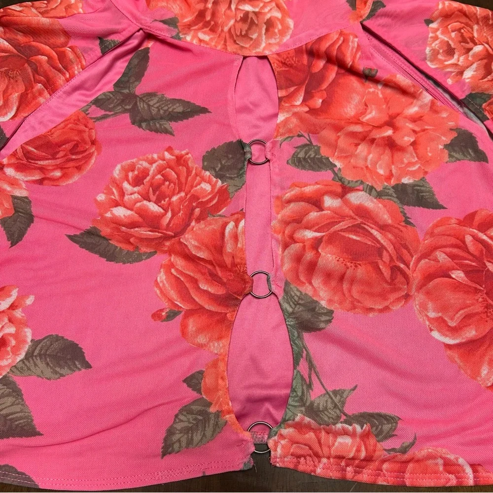AFRM Maui Mesh Cutout Crop Turtleneck Top in Pink Bouquet Size XL